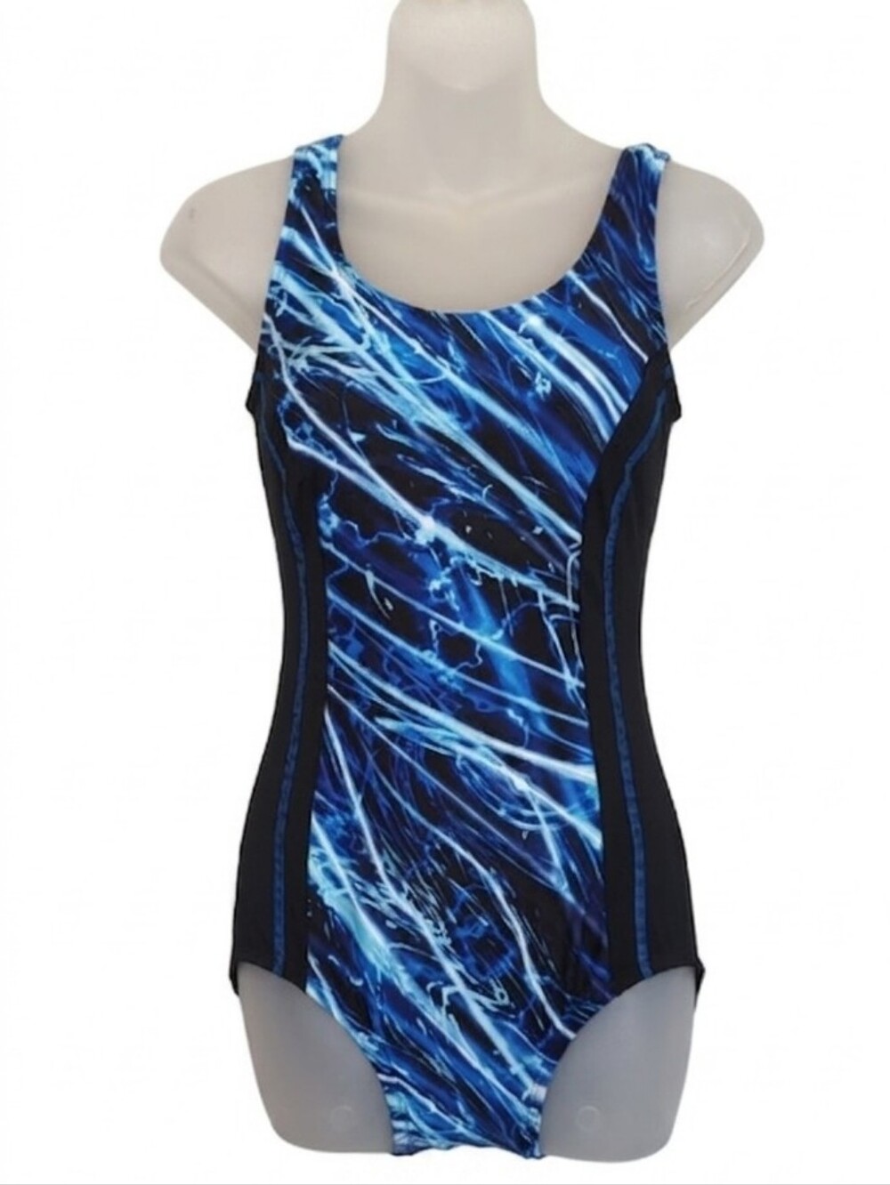 TYR Abstract Lightning Streak Athletic One Piece Swimsuit Blue Black Performance